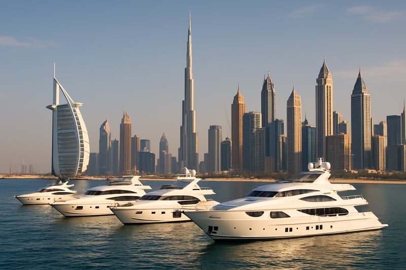 Dubai skyline featuring luxury yachts and iconic landmarks