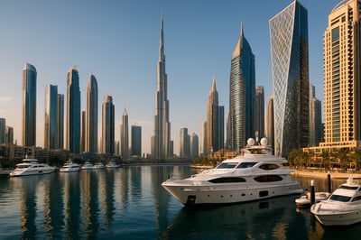 Luxurious Dubai skyline with yachts and modern architecture Luxurious Dubai skyline with yachts and modern architecture