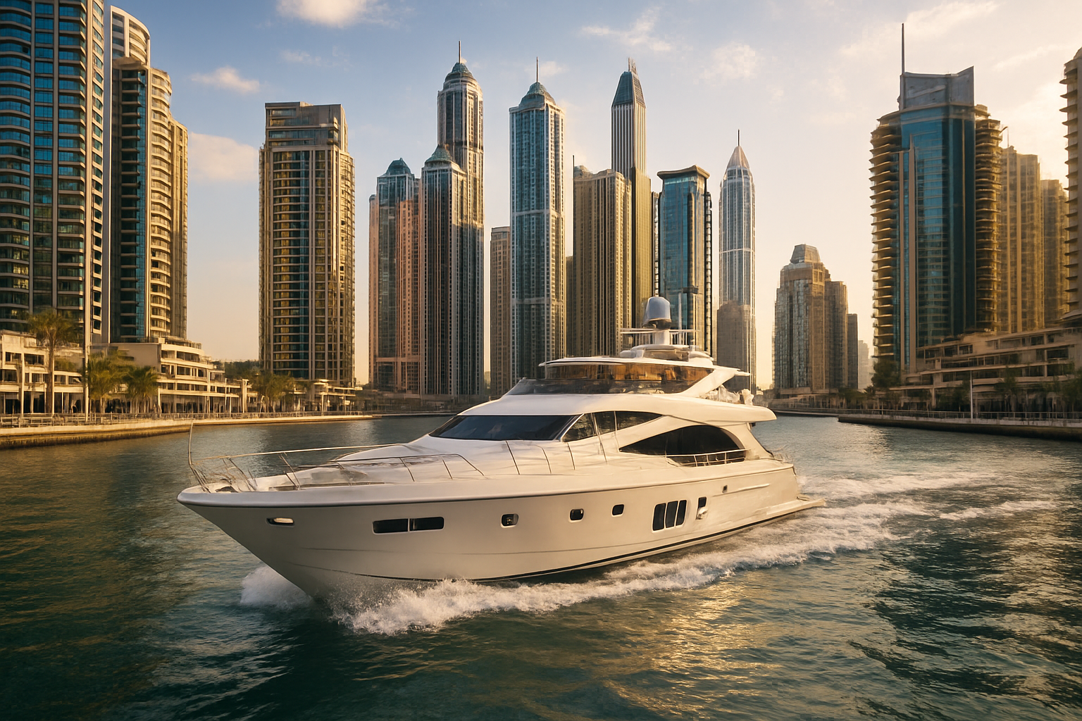 Luxury yacht cruising along Dubai Marina